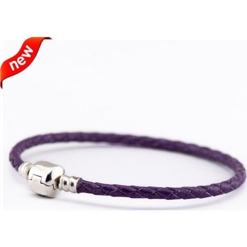 Bright Purple Leather Bracelets Rope Chain DIY Charm Women Jewelry Genuine 925 Sterling Silver Barrel Clasp Pulseras Berloques