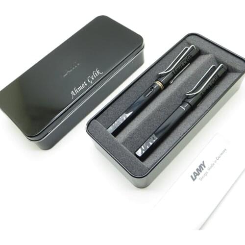 Lamy Safari Black Fountain Pen + Roller Pen Set + Metal Box | İsme Custom