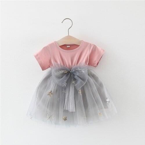 Childrenswear Summer Waist Bow Star Embroidery Mesh Dress Wholesale