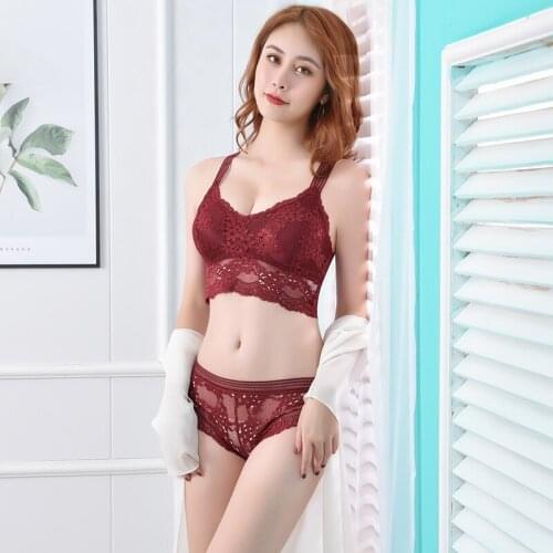 Women Cross Straps Bra Briefs Set Lace Gathered Padded Bras Seamless Lace Hollow Panties 2 Pcs Breathable Underwear Sets