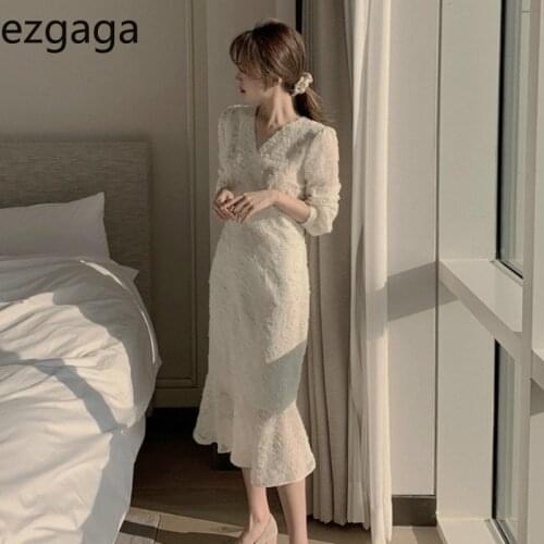 Ezgaga Elegant Mermaid Dress Women V-Neck Long Sleeve Floral Sexy High Waist Party Dress Spring Korean Fashion Chic Vestidos