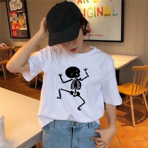 Oversized White T-Shirt 2021 New Women Tshirt Summer Short Sleeve Kawaii 90s Female Ladies Top Tee Shirt Skulls Dancing Print