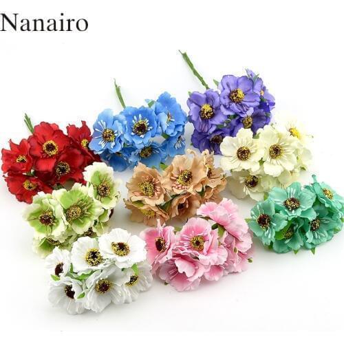 6pcs/lot Mini Silk Artificial Poppy Flower Bouquet For Wedding Decoration Diy Scrapbooking Handmade Garland Craft Fake Flower