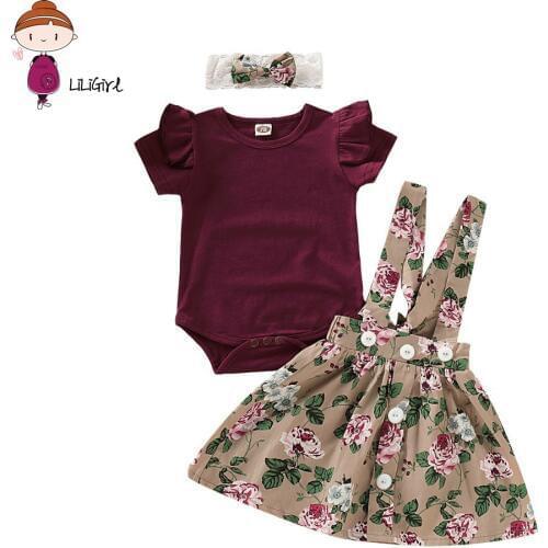 Baby Girls Clothes Short sleeve Bodysuit Kid Casual Summer Clothing Set Cotton Baby Toddler Skirt +headband+romper Clothes