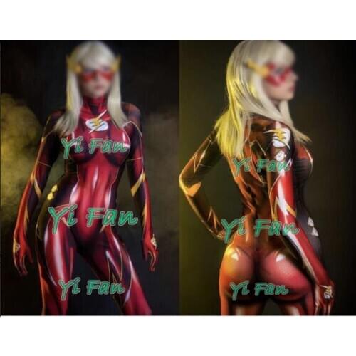 Girl F lash Cosplay Costumes 3D Printed Lycra Spandex Female F lash Superhero Comic Halloween Zentai Catsuits Just Bodysuit