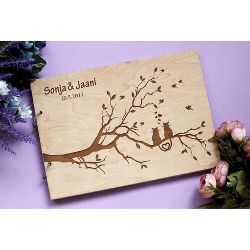 Cats or Birds on the Tree Wedding Guest Book Album Wood Engraved Guestbook for Wedding Guest Signature Rustic Wedding Decor