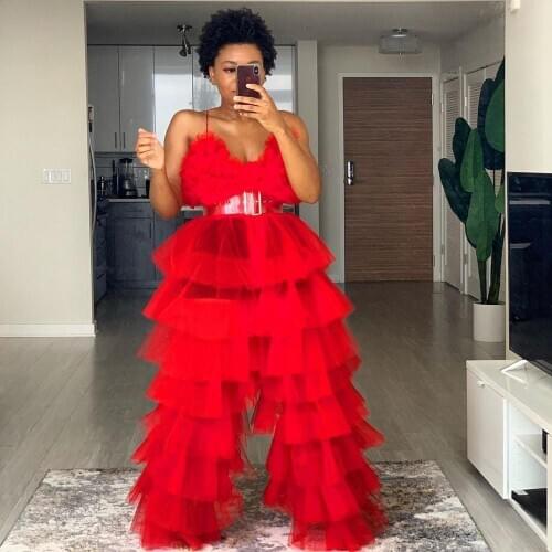 Red Puffy Tulle Pants Tiered Tutu Long Trousers Women Extra Lush Mesh High Elastic Waist Ladies Party Gown Plus Size