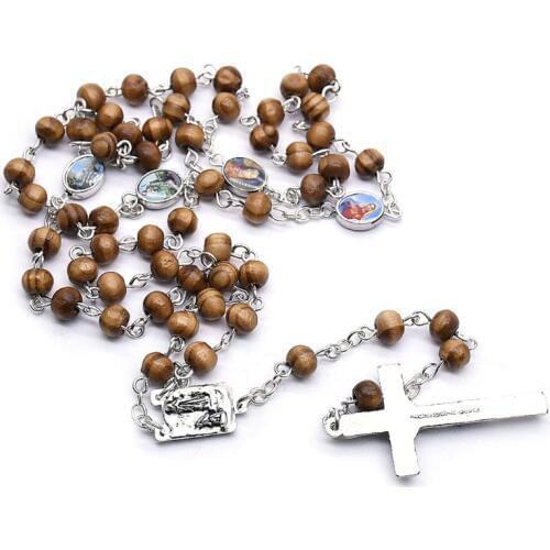 Handmade Round Wood Rosary Beads Cross Religious Jesus Necklace Christian Charms