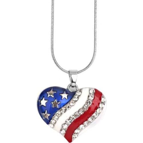 Heart Shape Pendant Necklace USA National Flag Crystal Jewelry Gifts for Women USA Patriot Freedom Stars and Stripes Necklaces