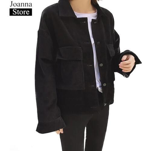 Autumn Harajuku Corduroy Short Jacket Women Long Sleeve Lapel Vintage Single-Breasted Coats Black Big Pockets Plus Size Clothes