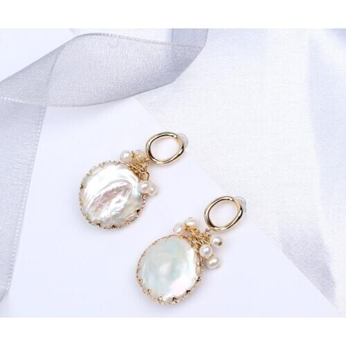 Hot sell fashion french style summer coin shape natural white baroque pearl freshwater cultured large earring wedding gift