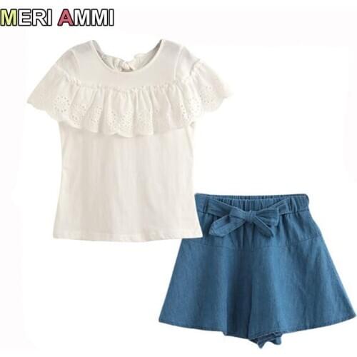 MERI AMMI Girls Clothing Set Lace Short Sleeve Tee+ Floral Bowknot Skirts For 4-13 Year Kids Baby