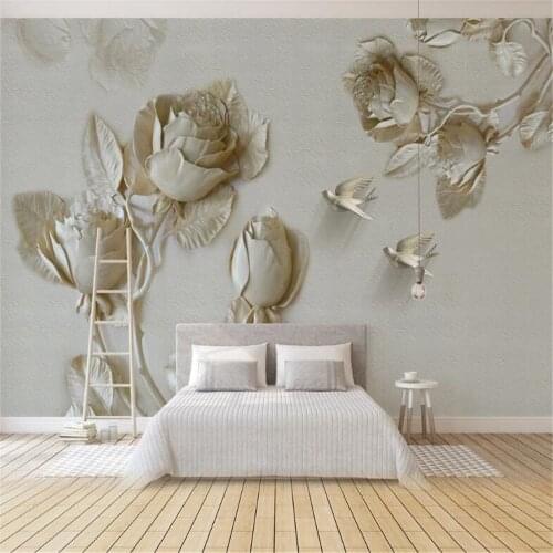Milofi custom wall wallpaper mural European 3D three-dimensional golden relief rose flower bird background wall painting