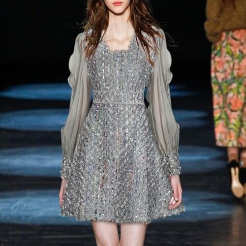 Fashion Runway 2021 Autumn Dress Women Gary Apricot Ruffles Long Sleeve Sequins Vintage Elegant Puffy Dresses