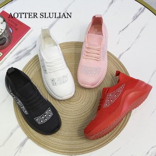 Fashion Knit Mesh Crystal Sneakers Women White Sports Shoes Breathable Flat Shoes New Slip On Plus Size Female Casual Socks Shoe