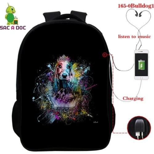 Back To School 3D Print Bulldog Schoolbag USB Charging Laptop Backpack Bulldog Animal Print Travel Backpack Men Book Bag Mochila