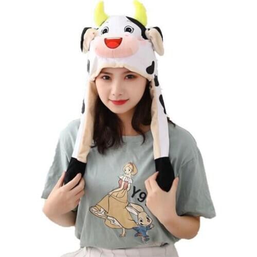 Ears move milk Cow hood hat plush hat toy birthday stuffed cap gift