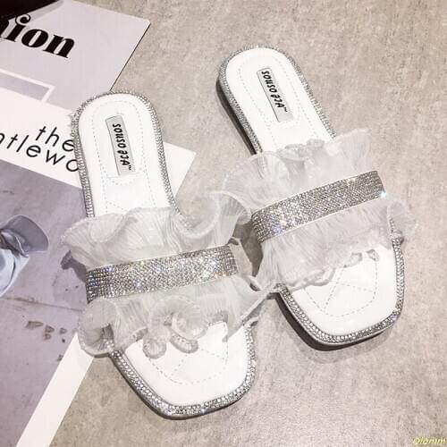 Summer Slippers Women Shoes Woman Mules Colorful Rivet Diamond Transparent Slides Peep Toe Med Heel Slippers Female Ladies Shoes