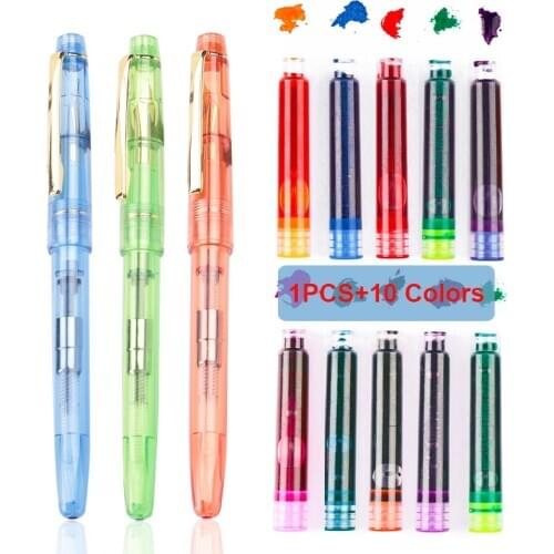 11PCS/lot Fountain Pen Set Transparent Pen 0.38mm 0.5mm Nib Iraurita 10 Colors Fountain Ink Pen Refill Writing Tools Stationery