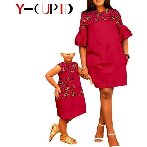 African Dress Bazin Riche Mother Daughter Matching Clothing Summer Women and Baby Girls Bowtie Ruffles Sleeve Dresses YA19F002
