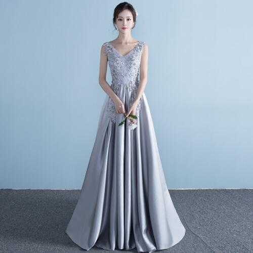 Luxury Lace Bead Appliques Evening Dresses Fashion Gray V-neck Sleeveless Party Prom Gown Host Dress Robe De Soiree