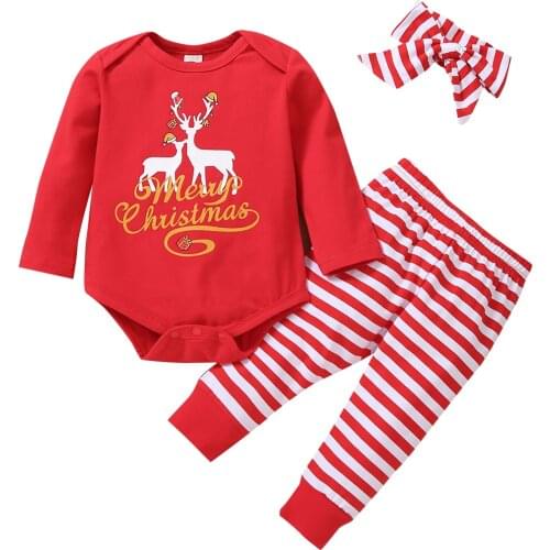 Newborn Baby Girl’s Christmas Clothes Set Print Long Sleeve Jumpsuit Striped Long Pants with Headband Witner Autumn Outfits New