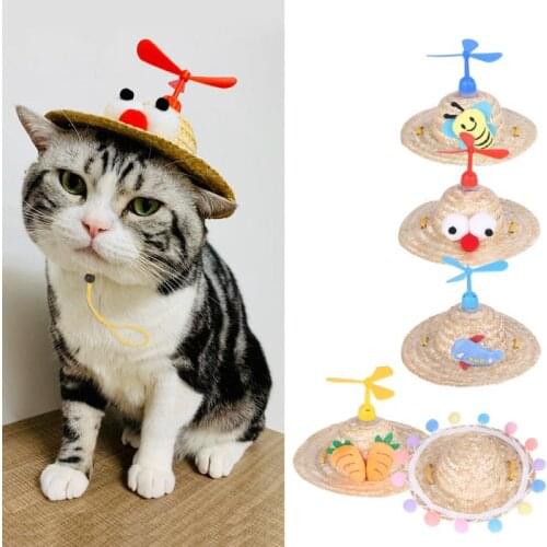 1Pc Pet Straw Hat With Plastic Bamboo Dragonfly Cute Cat Dog Headdress Decoration Puppy Sun Protection Accessories Cat Supplies