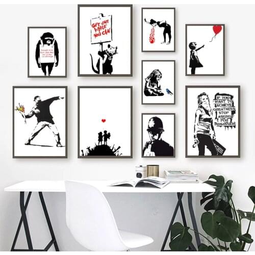 Modern Graffiti Artwork Canvas Paint Girl with Red Balloon Poster Black White Abstract Wall Pictures for Living Home Decoration
