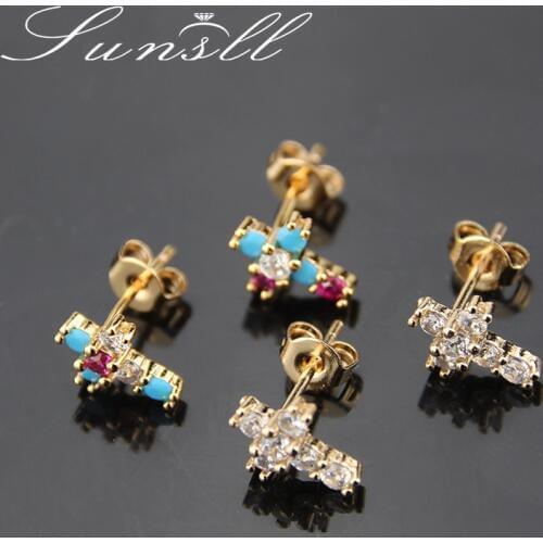 SUNSLL New gold copper small earring cubic zircon cross earring for women fashion party simple mini jewelry stud earring gifts