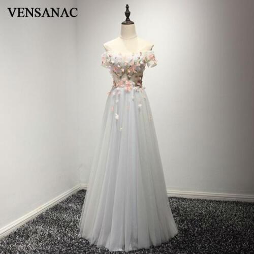 VENSANAC New A Line 2017 Lace Appliques Boat Neck Long Evening Dresses Short Sleeve Elegant Draped Flowers Party Prom Gowns