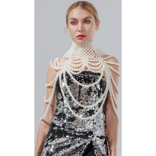 Women Pearl Shawl Necklaces Collar Shoulder Long Chain Pendants Necklaces Sweater Chain Sexy Wedding Dress Jewelry Accessories