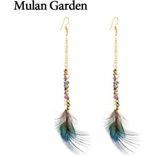 Mulan Garden Ethnic Long Peacock Feather Earrings for Women Resin Beads Trendy Statement Metal Chain Earrings New Christmas Gift