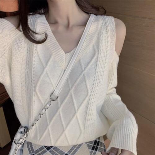 Off-shoulder jacquard v-neck knitted loose pullover sweater women 2021 autumn and winter fashion new ladies long-sleeved top