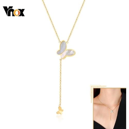 Vnox Temperament Butterfly Y Necklace for Women Gold Tone Solid Stainless Steel Animal Charm Pendant Sexy Adjustable Necklace