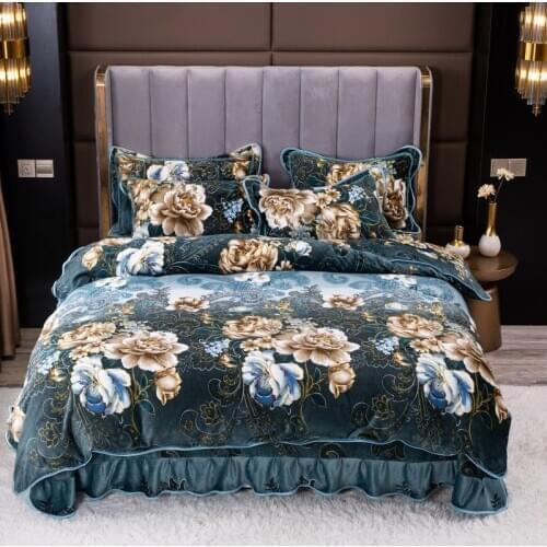 Winter Flower Printing Velvet Flannel Fleece Bedding set Duvet Cover Bed Linen Fitted Sheet Pillowcases Queen King Size 4PCS