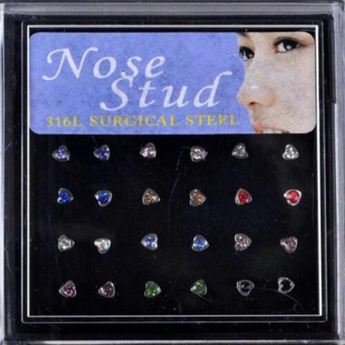 24Pcs/Lot Heart Shape 100% Titanium Nose Stud 0.8*8mm Nose Nail Ring AA Crystal Ear Piercing Earring Fashion Wedding Trinket