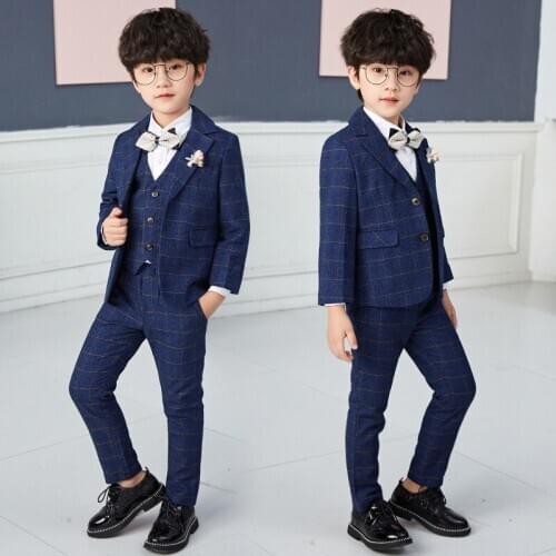 Childrens Plaid Suit Set Formal Boys Wedding Party Performance Costume Kids Blazer Vest Pants 3pcs Clothes Sets