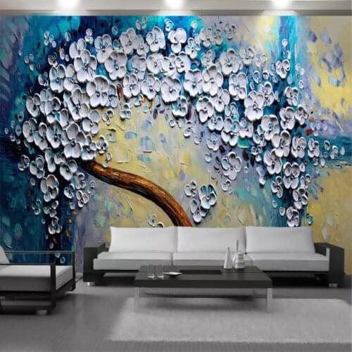 3d Mural Wallpaper Embossed White Flowers and Trees Beautiful Scenery Living Room Bedroom Interior Home Decor Painting Wallpaper