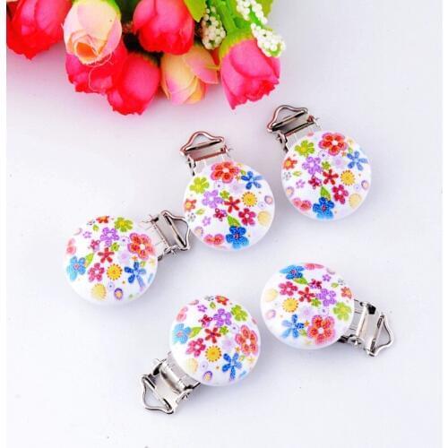 5PCs Baby Pacifier Clips Mixed Flower Pattern White Wood Metal Holders Cute Infant Soother Clasps Accessories 4.4x2.9cm