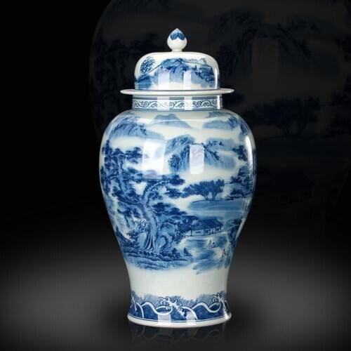 Jingdezhen Hand-painted Blue And White Landscapes temple jar Fengshui Residence Decoration Decoration Crafts Ceramic jar