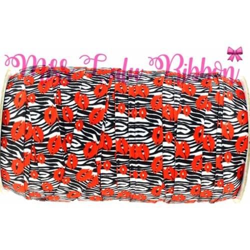 Zebra Stripe Red Lips Printed Fold Over Elastic Ribbon DIY Party Decoration Webbing Handmade hair band 5/8"16mm MD160425-15-3977