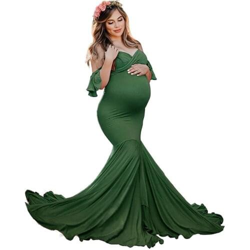 European And American Womens Mercerized Cotton Pregnant Womens Ruffled Sleeves Cross V-Neck Trailing One-Piece Long Dress