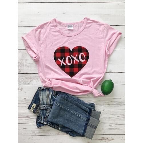Valentine Plaid Splicing XOXO Colored T-Shirt Funny Casual 100% Cotton Valentines Clothing Graphic Grunge Heart XOXO Tops