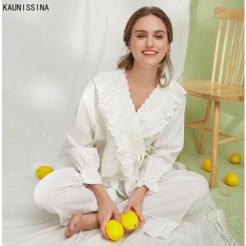 Cotton Princess Pajamas Sets Women V-Neck Long Sleeve Elegant Lace Night Suits Ladies Spring Autumn Home Suit Loungewear Set