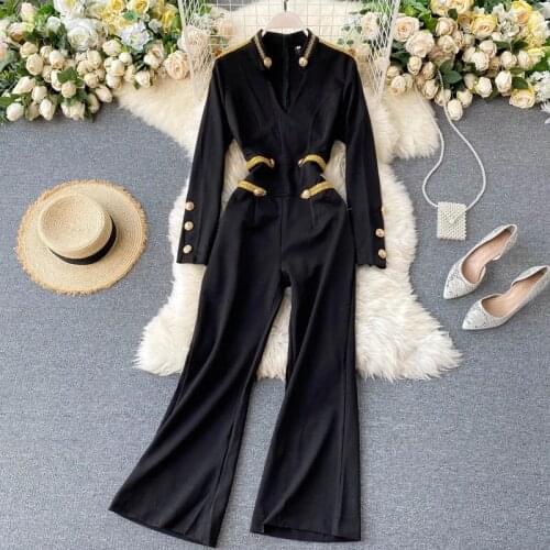 Retro England Style Womens Rompers V Neck Buttons Weaving Deco Slim Long Sleeve Wide Leg Jumpsuits Rompers