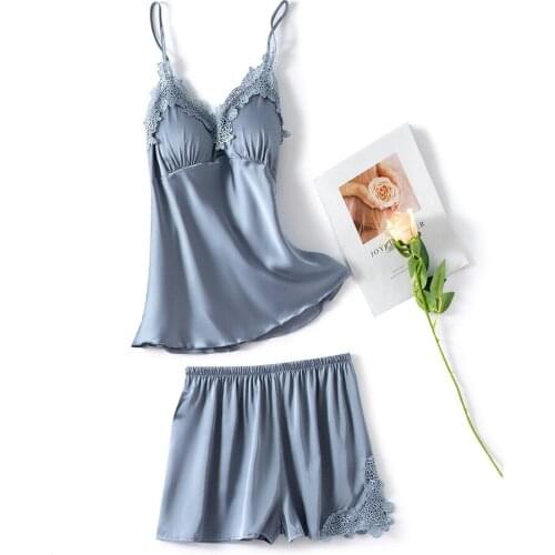 2PCS Strap Top&Shorts Pajamas Sets Summer Lady Lace Satin Sleepwear Sleep Suit Sexy V-Neck Chest Pads Pijamas Home Nightwear