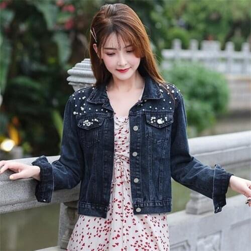 New Autumn Fashion Women’s Loose Solid Plue Size Denim Jacket Long Sleeve Button Pearls Lapel Wild Leisure Short Jacket