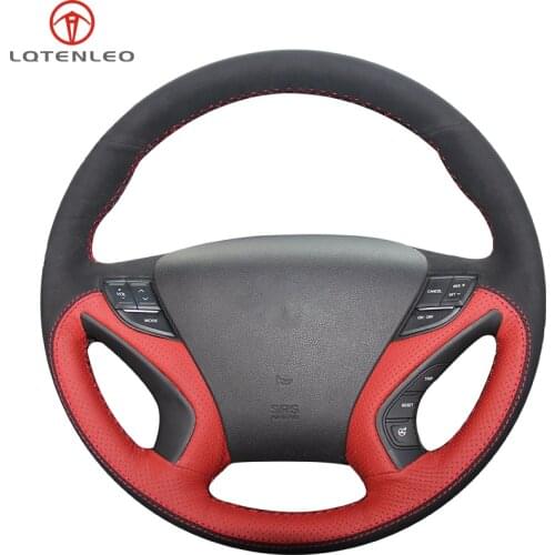 LQTENLEO Black Suede Red Leather Hand-stitched Car Steering Wheel Cover For Hyundai Sonata 2011 2012 2013 2014