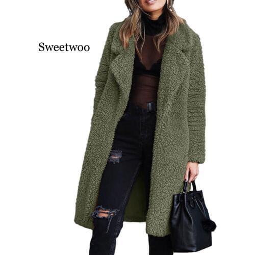 Fashion Women Winter Thicken Plush Lapel Solid Color Long Sleeve Warm Cardigan Midi Coat