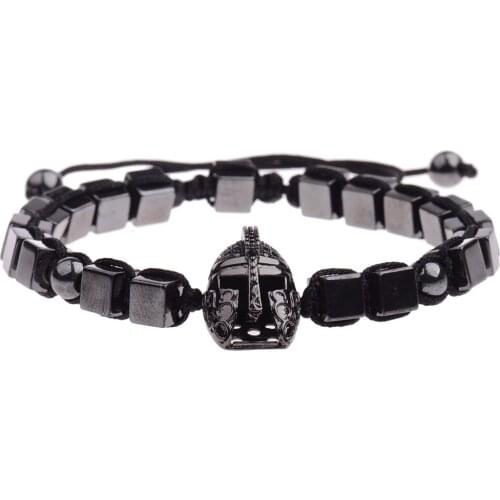 Bracelet Homme Hematite Roman Knight Spartan Warrior Gladiator Helmet Hematite Beads Bracelet Mala Yoga Weave Adjustable Bangle